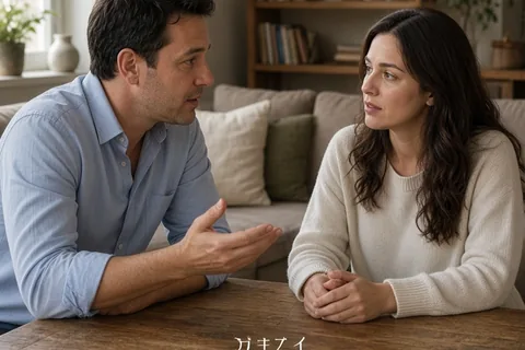 A man and a woman sitting at a wooden table in a living room, the man asking the woman a question about her feelings from a social event.