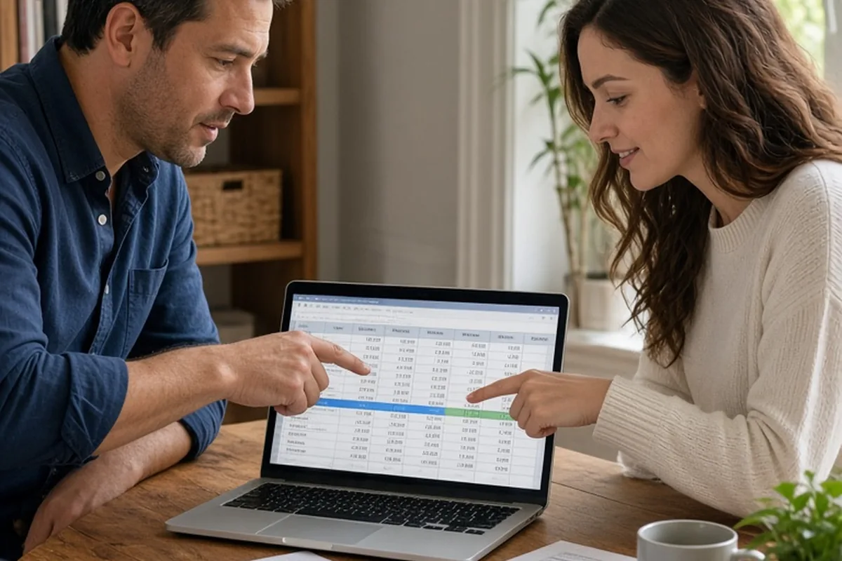 A man and woman at a wooden desk in a home office reviewing a laptop with a budget spreadsheet, the man gesturing at a line item and the woman pointing to an expense entry.