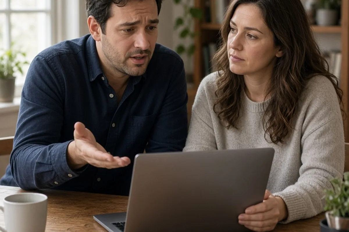 A couple at a wooden desk in a home office reviewing a travel booking on an open laptop, the man with short dark hair gesturing while speaking and the woman with long brown hair listening