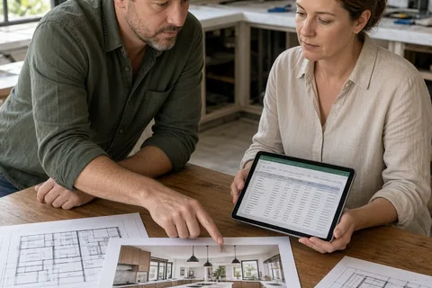 Couple at kitchen table with design sketches and contract papers, the man pointing at a drawing and the woman examining a tablet