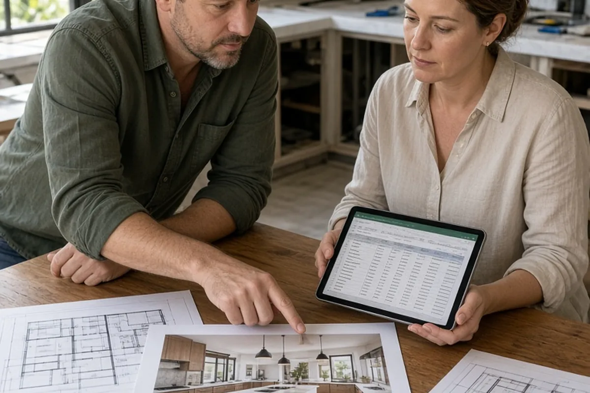 Couple at kitchen table with design sketches and contract papers, the man pointing at a drawing and the woman examining a tablet