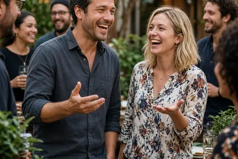 A medium shot of a man and woman at a lively social gathering. The man with short brown hair is smiling warmly and gesturing to a group of friends, while the woman with blonde hair is gesturing as she