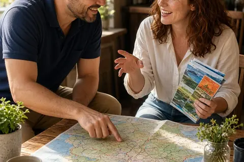 A Leo man and an Aries woman at a cafe table examining a travel map and brochures, the man pointing to a destination and the woman gesturing as they explore travel plans.