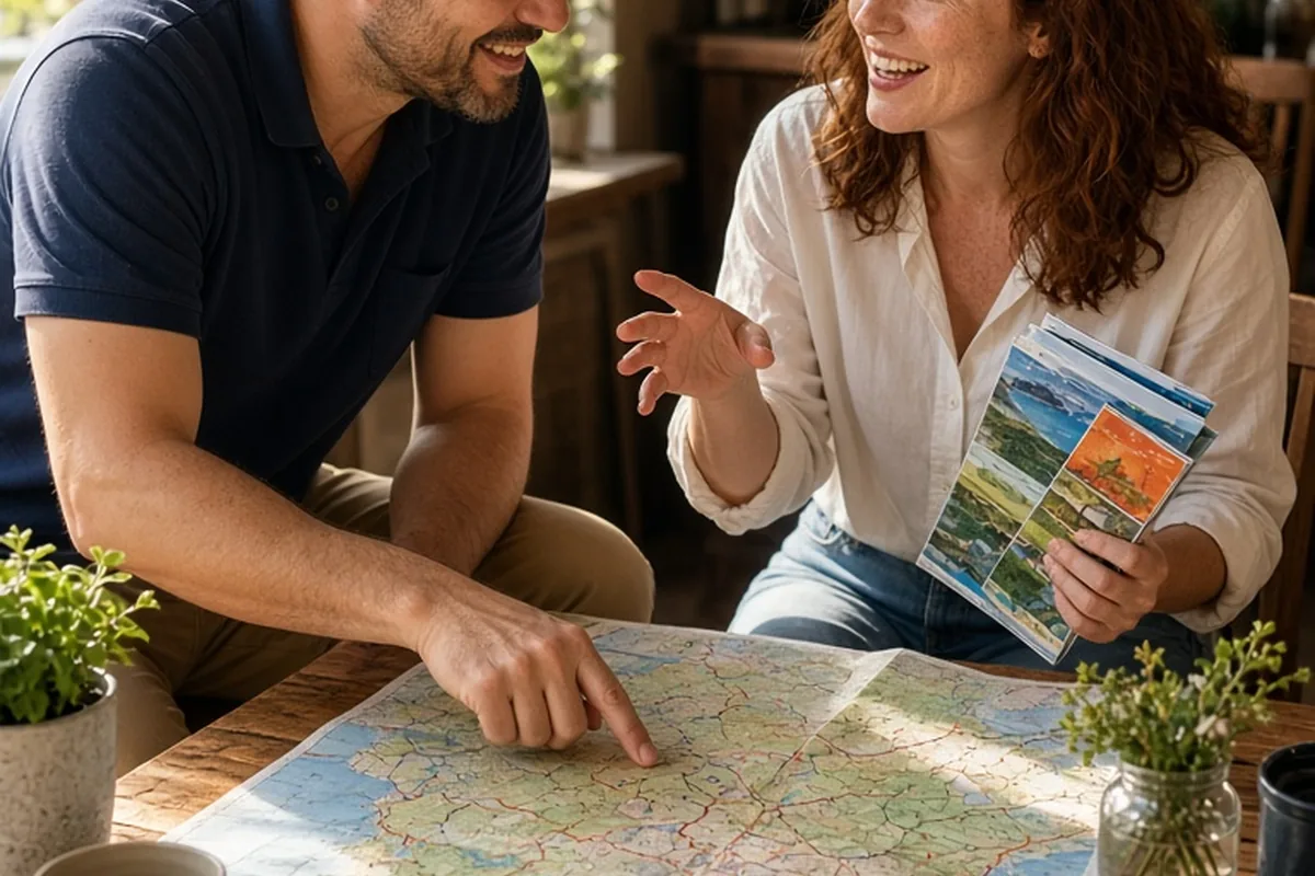 A Leo man and an Aries woman at a cafe table examining a travel map and brochures, the man pointing to a destination and the woman gesturing as they explore travel plans.