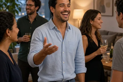 A Leo man in his early thirties entertaining a group of friends at a casual social gathering in a modern apartment, showing his charismatic and enthusiastic personality.