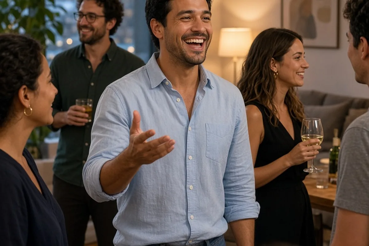 A Leo man in his early thirties entertaining a group of friends at a casual social gathering in a modern apartment, showing his charismatic and enthusiastic personality.