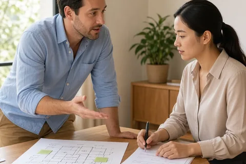 A man and a woman seated at a table in a bright room, the man gesturing toward a sketch as the woman reviews documents and takes notes.
