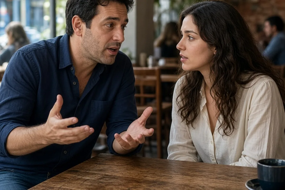 A man in his mid-thirties with short dark hair gesturing while passionately sharing his ambitions at a café table as a woman in her mid-twenties with long wavy dark hair listens intently and asks a pe
