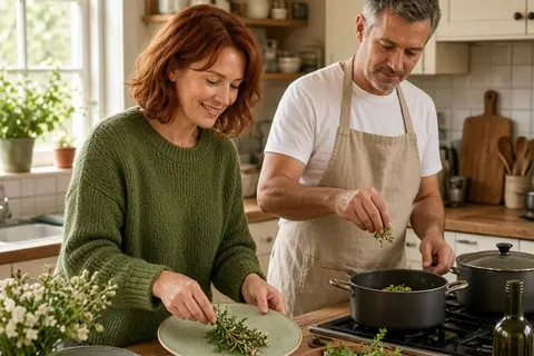 A woman with red hair arranging plates on the kitchen table while a man with graying hair cooks a meal at the stove in a home kitchen