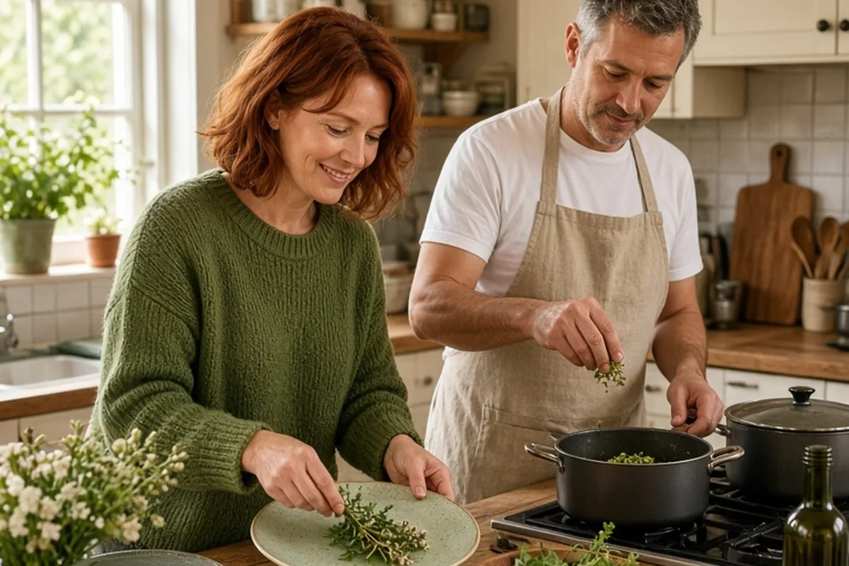 A woman with red hair arranging plates on the kitchen table while a man with graying hair cooks a meal at the stove in a home kitchen