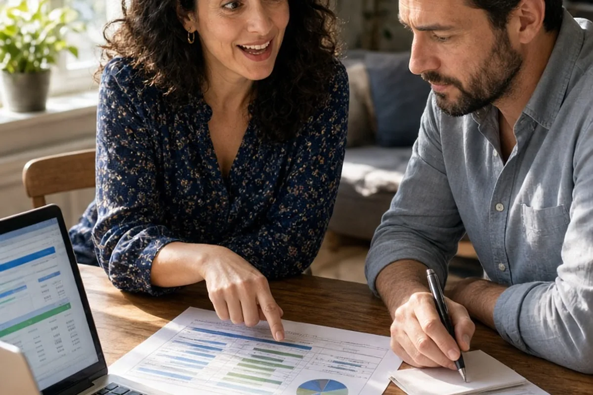 A Leo woman in a blouse gesturing at a savings chart while a Capricorn man in a sweater reviews a budget on a laptop at a dining table
