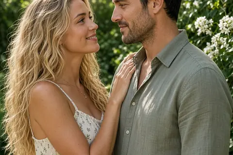 A Leo woman with blonde hair smiling at a Scorpio man with dark hair in a garden their faces close and gazing into each other's eyes