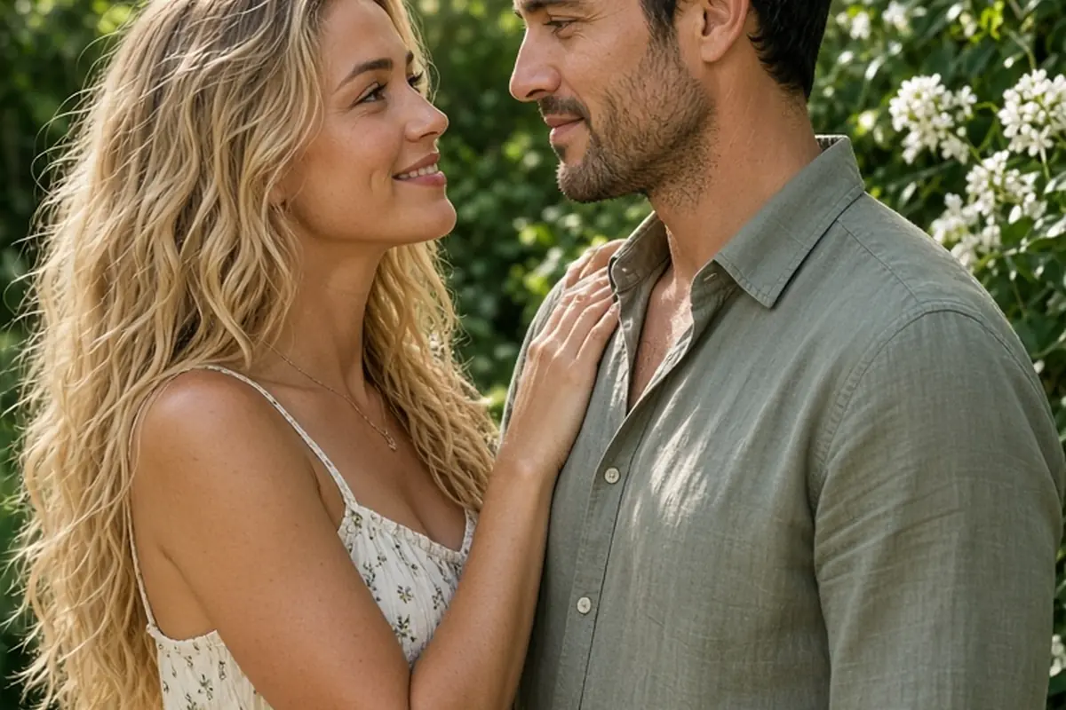 A Leo woman with blonde hair smiling at a Scorpio man with dark hair in a garden their faces close and gazing into each other's eyes