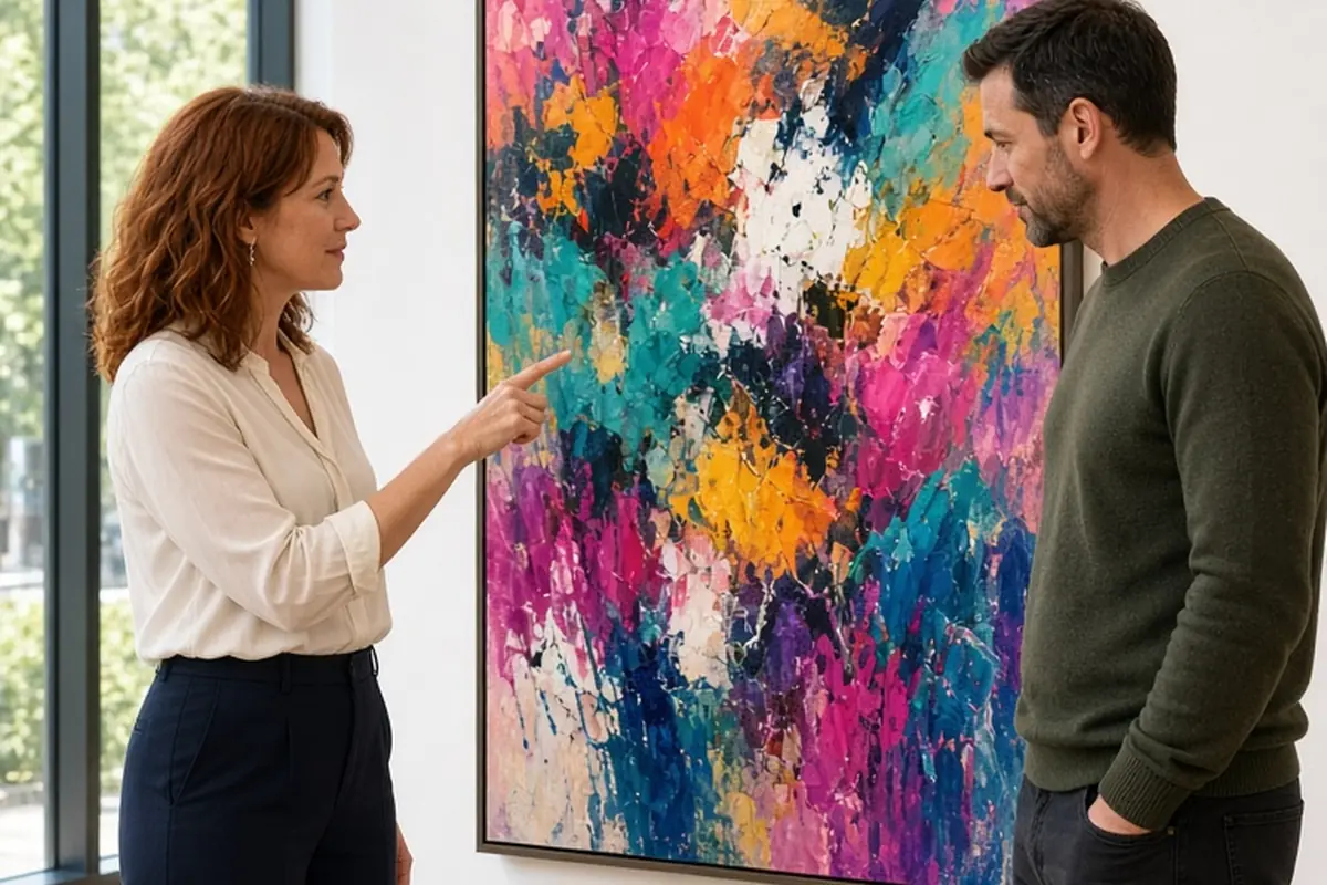 A couple examining an abstract painting in a contemporary art gallery, with the woman pointing at the artwork