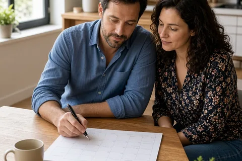 A couple at a dining table in an apartment, the man writing on a paper calendar and the woman reading over his shoulder as they finalize the shared calendar rule.