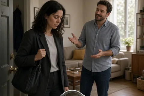 A woman entering her apartment tired after a long day while her partner tries to cheer her up