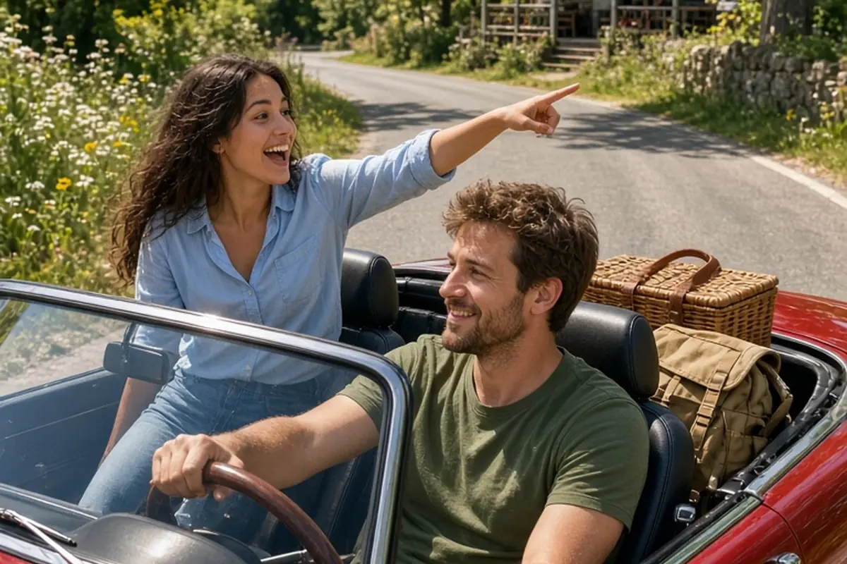 A clearly adult man with short brown hair and beard in a green t-shirt driving a red convertible car with top down on a sunny country road while a clearly adult woman with wavy dark hair in a blue blo