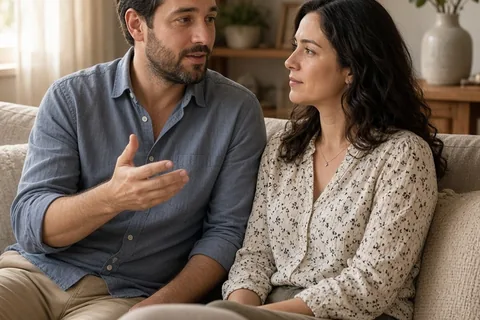 A man and woman sitting on a couch in a living room, the man gesturing as he talks to the woman who is listening attentively.