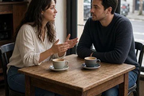 A woman with long wavy brown hair and a man with short dark hair sitting across a table in a cafe having a conversation over coffee