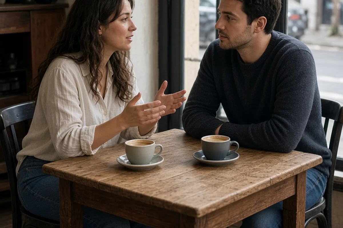 A woman with long wavy brown hair and a man with short dark hair sitting across a table in a cafe having a conversation over coffee