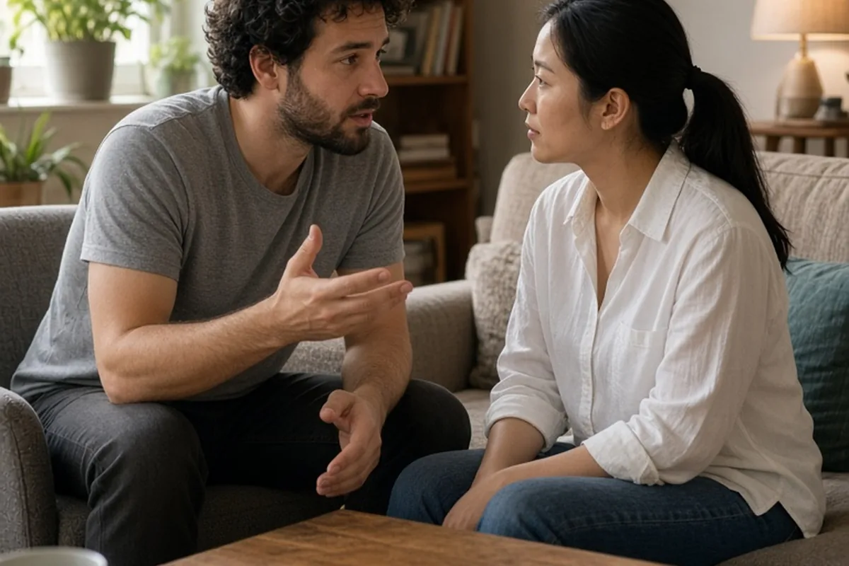 A man and a woman in their thirties sitting at a wooden table in a living room having a quiet conversation about social plans and personal boundaries.
