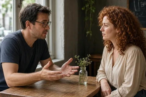 A man with glasses and a woman with curly red hair sitting at a cafe table engaged in a conversation, the man gesturing as he speaks while the woman listens attentively