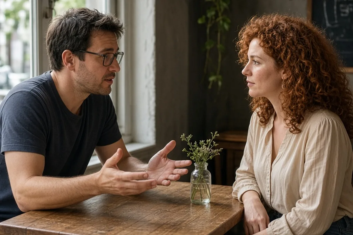 A man with glasses and a woman with curly red hair sitting at a cafe table engaged in a conversation, the man gesturing as he speaks while the woman listens attentively