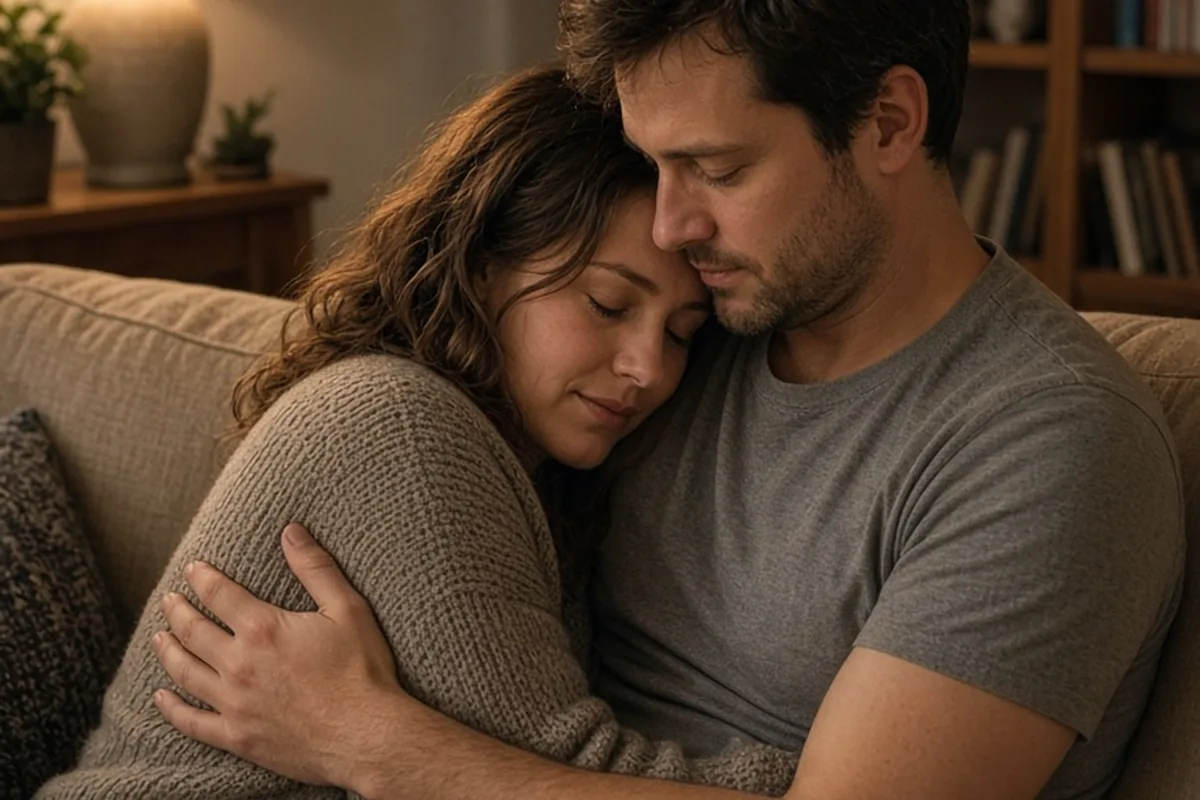 A woman hugging a man warmly on a couch in a living room with the man embracing her back attentively