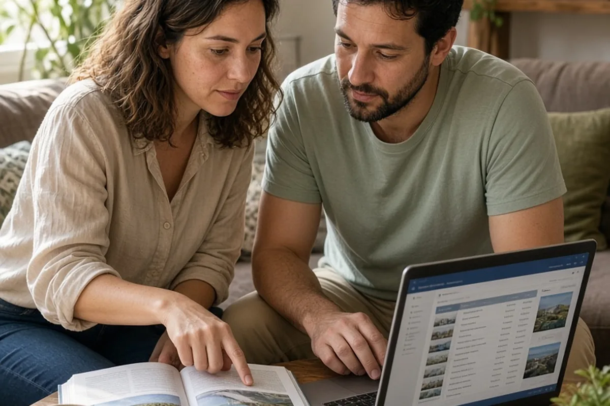 A woman and a man sit at a table in their living room reviewing travel plans with an open guidebook and laptop