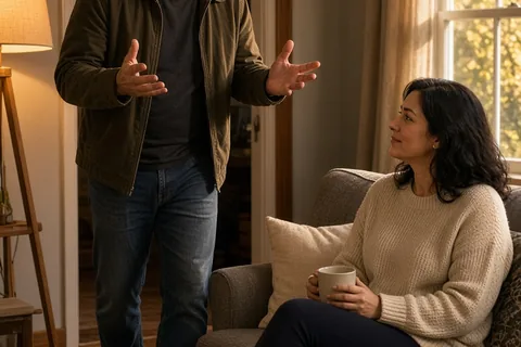 A man in his mid-forties with salt-and-pepper hair gestures while talking in a home doorway as a woman with dark hair sits on the sofa listening quietly