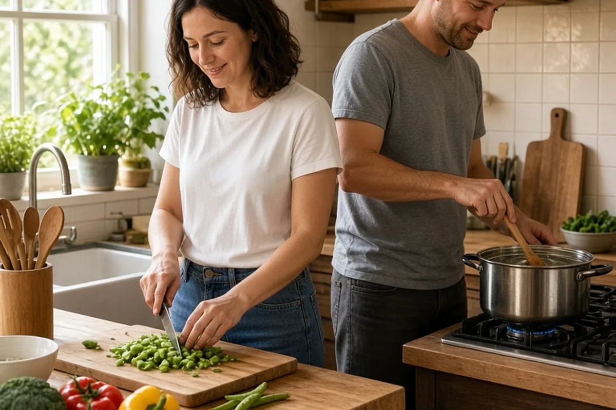 A couple in a kitchen chopping vegetables and stirring a pot as they prepare a meal