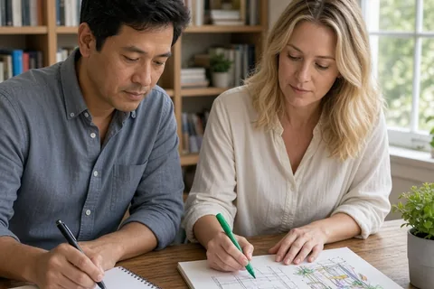 A man and a woman sitting at a desk in a home office, the man drawing a timeline on notepad and the woman sketching artistic ideas with markers