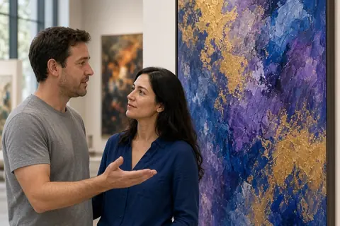 A man and a woman standing in an art gallery in front of a large abstract painting, the man gesturing while speaking and the woman listening with a thoughtful expression