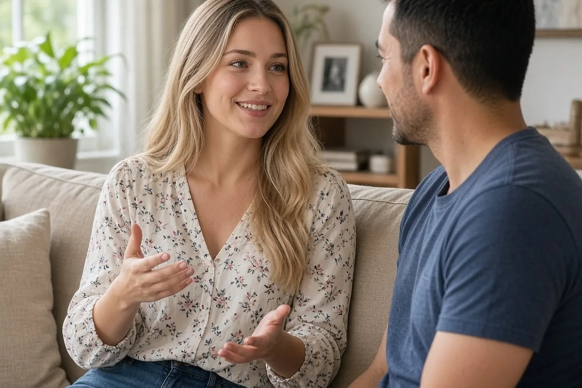 Woman speaking to a man in their home, gesturing as she acknowledges his strengths