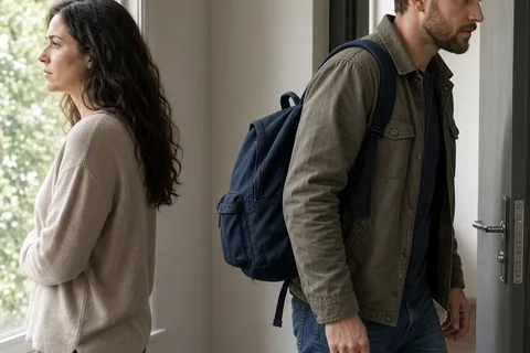A man carrying a backpack walking out an apartment door as a woman stands by the window looking out.