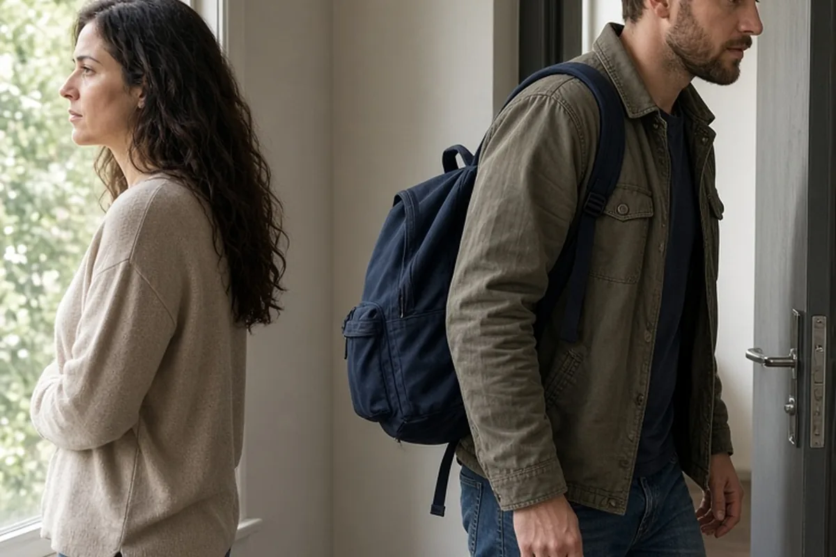 A man carrying a backpack walking out an apartment door as a woman stands by the window looking out.