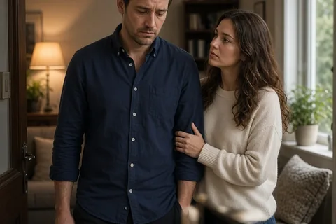 A man looking tired enters a living room as a woman offers him quiet empathetic support by touching his arm