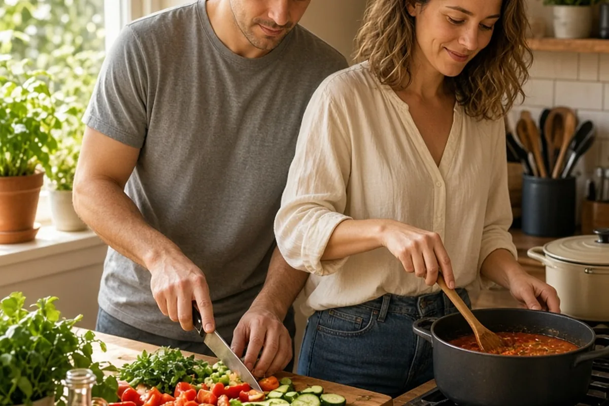 A man chopping vegetables while a woman stirs a pot in a kitchen.