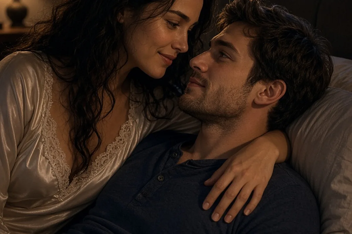 The Aries woman gently embracing the Pisces man in bed while they look into each other's eyes with affection.