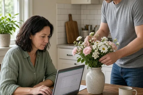 The woman reviewing documents on a laptop at the kitchen table and the man arranging flowers in a vase.