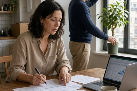 A woman in her mid-thirties with shoulder-length dark hair wearing a casual blouse and pants reviews budget documents and a laptop at a dining table while a man in his late thirties with short brown h