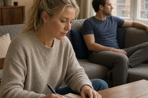 A woman with blonde hair in a ponytail writing notes in a spiral notebook at a wooden table while a man with short brown hair sits on a couch looking out the window