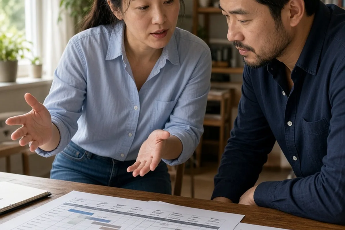 The woman gestures at a project plan document on the table while the man leans in reviewing the notes beside her