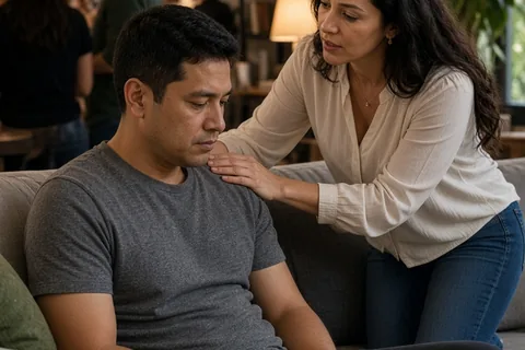 A woman in her mid-thirties with wavy hair gently mediating a social gathering by including a man in his early thirties with short dark hair who is withdrawing into silence