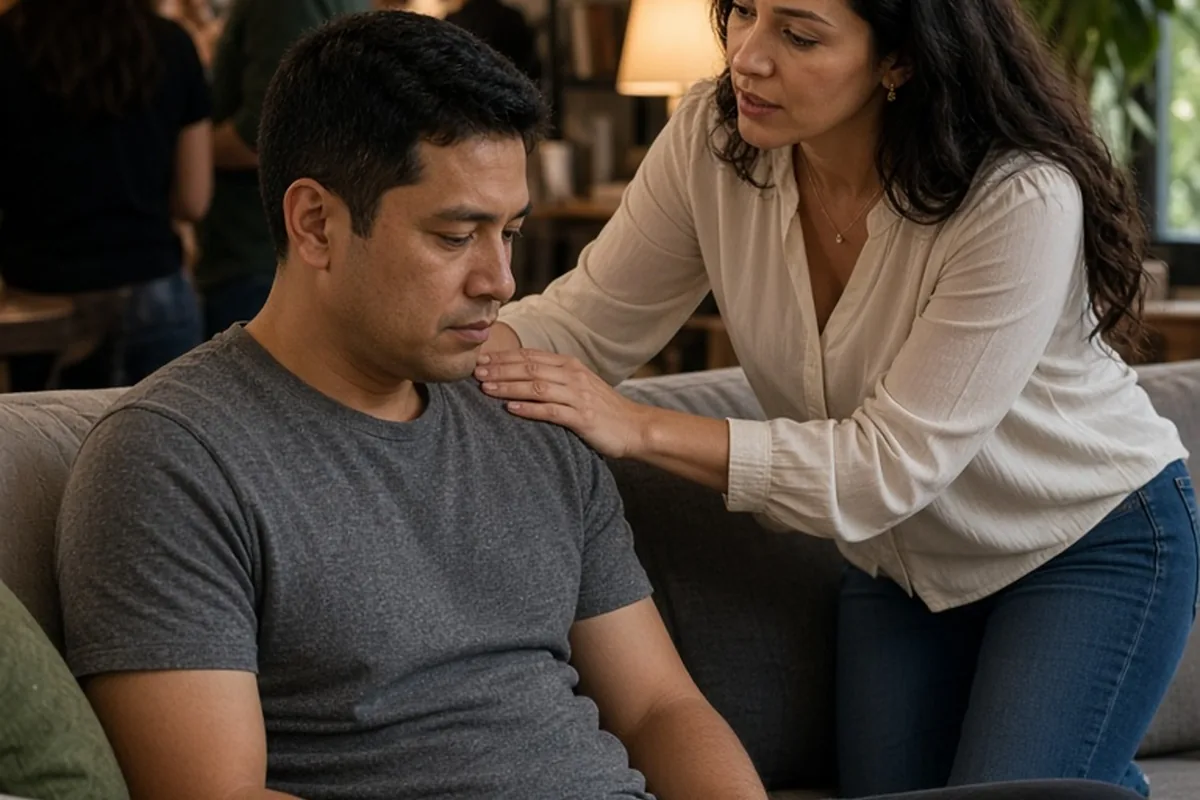 A woman in her mid-thirties with wavy hair gently mediating a social gathering by including a man in his early thirties with short dark hair who is withdrawing into silence