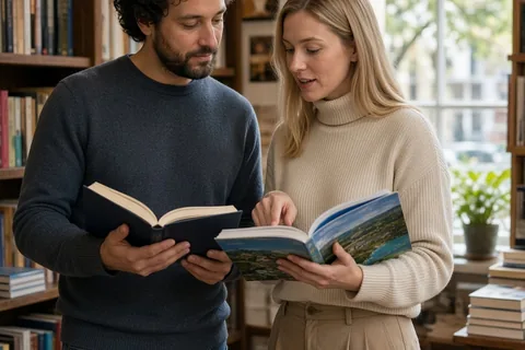 A woman pointing to a travel book in a bookstore while a man holds a philosophy book and they discuss the content.