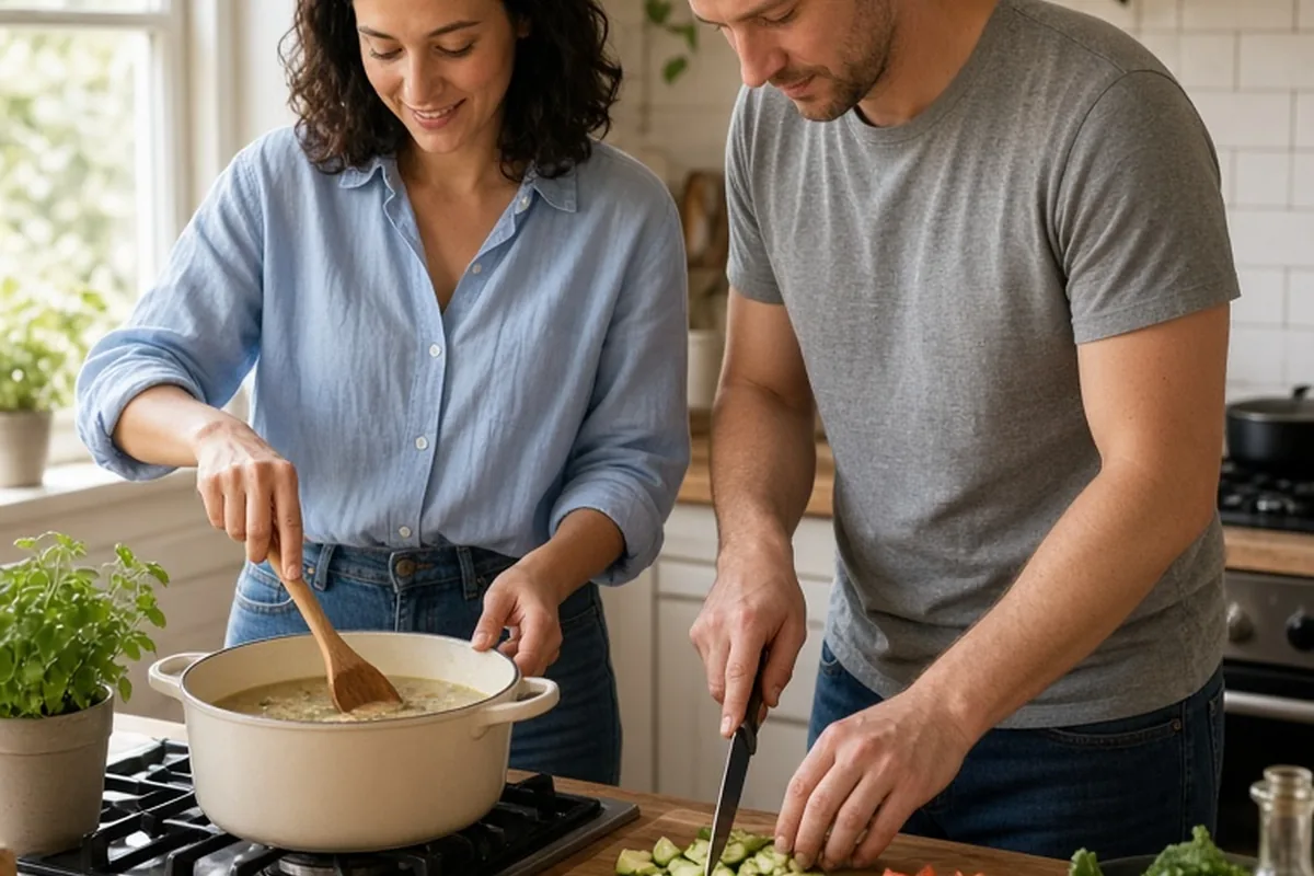 The Taurus woman and Pisces man cooking a meal together in a kitchen, the woman stirring a pot on the stove and the man chopping vegetables at the counter.
