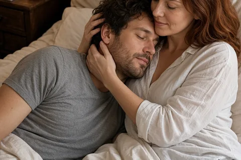 The Pisces man and Virgo woman lying closely on the bed in a romantic embrace, the Virgo woman cradling the Pisces man's head while he rests peacefully on her shoulder.
