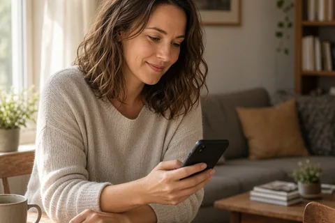 A woman with shoulder-length wavy brown hair sitting at a wooden table in an apartment, holding her phone and typing a message calmly.