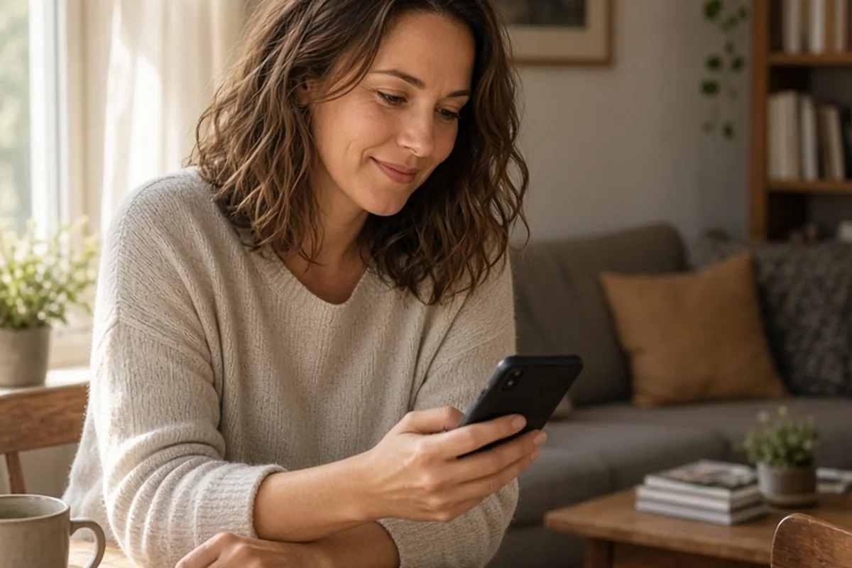 A woman with shoulder-length wavy brown hair sitting at a wooden table in an apartment, holding her phone and typing a message calmly.